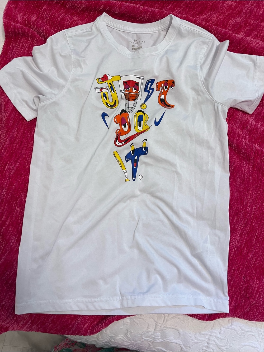 Nike White Kids' Graphic 'Just Do It' Dri-Fit Tee with Multicolor Letters size L - Picture 1 of 6